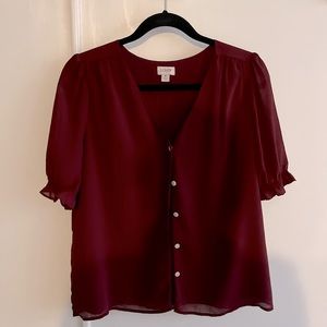 J Crew Burgundy Button Crepe Puff Sleeve Top